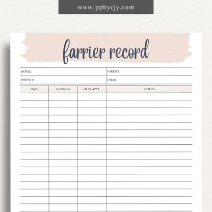 Equine Farrier Record Printable Template – Digital Download for Tracking Horse Shoeing with sections for dates, farrier details, hoof conditions, and shoeing notes.