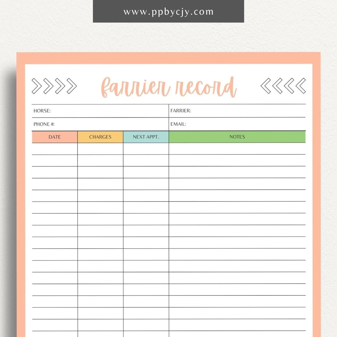 Equine Farrier Record Printable Template – Digital Download for Tracking Horse Shoeing with sections for dates, farrier details, hoof conditions, and shoeing notes.