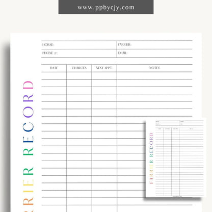 Equine Farrier Record Printable Template – Digital Download for Tracking Horse Shoeing with sections for dates, farrier details, hoof conditions, and shoeing notes.