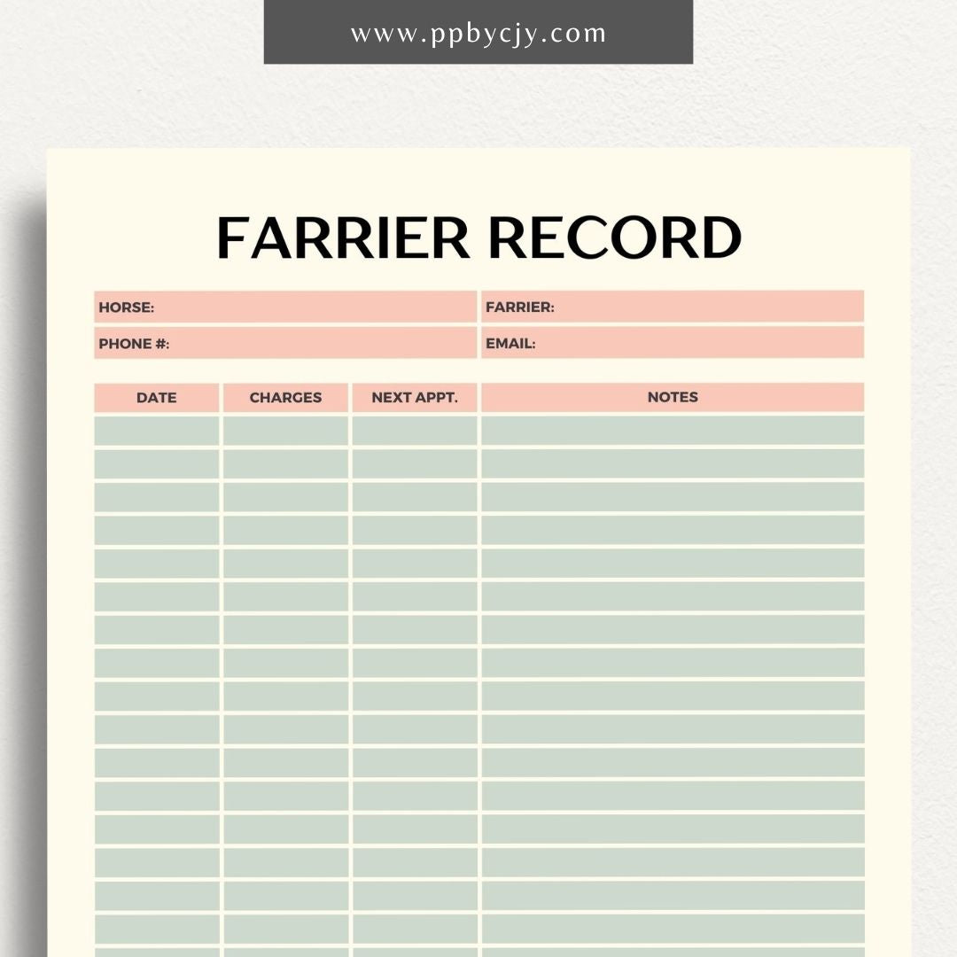 Equine Farrier Record Printable Template – Digital Download for Tracking Horse Shoeing with sections for dates, farrier details, hoof conditions, and shoeing notes.