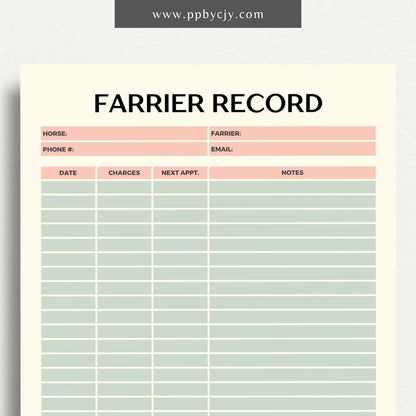 Equine Farrier Record Printable Template – Digital Download for Tracking Horse Shoeing with sections for dates, farrier details, hoof conditions, and shoeing notes.