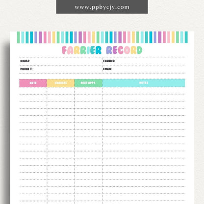 Equine Farrier Record Printable Template – Digital Download for Tracking Horse Shoeing with sections for dates, farrier details, hoof conditions, and shoeing notes.
