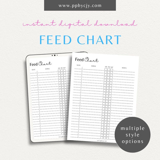 Farm Horse Feed Chart Printable Template – Digital Download for Organizing Horse Feeding with sections for feed types, quantities, schedules, and horse details.