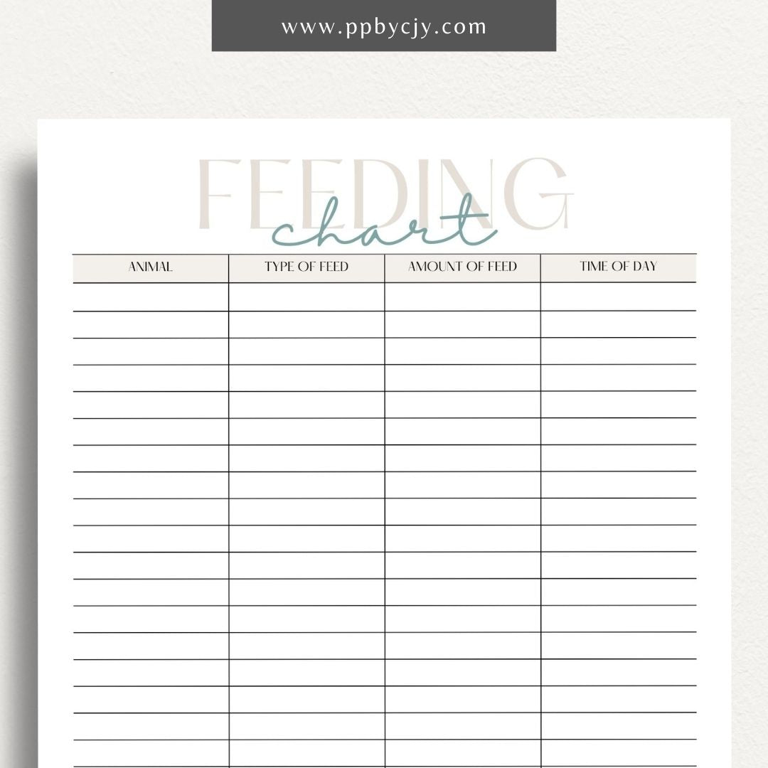 Farm Animal Feeding Chore Chart Printable Template – Digital download for managing and tracking daily feeding tasks for farm animals.