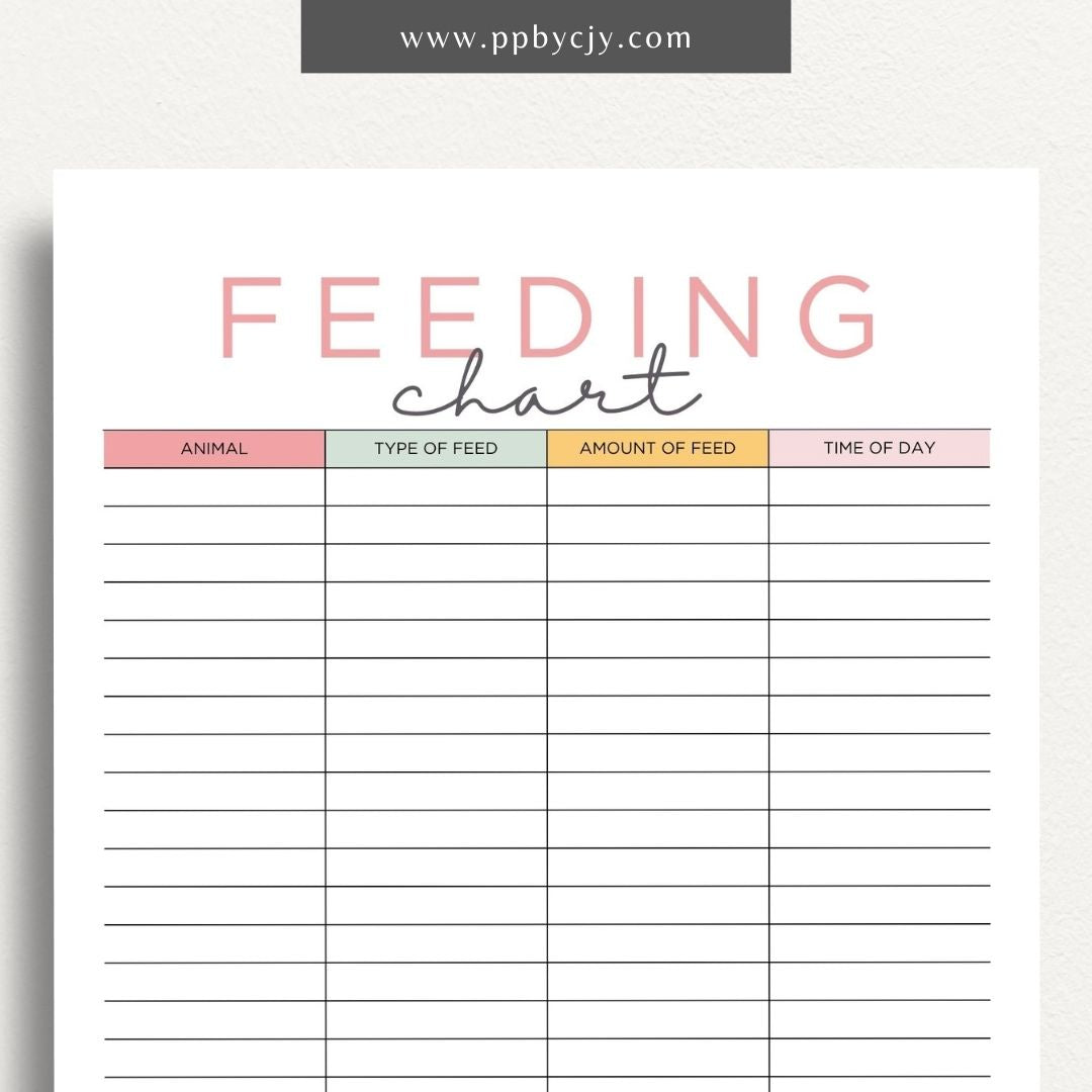 Farm Animal Feeding Chore Chart Printable Template – Digital download for managing and tracking daily feeding tasks for farm animals.