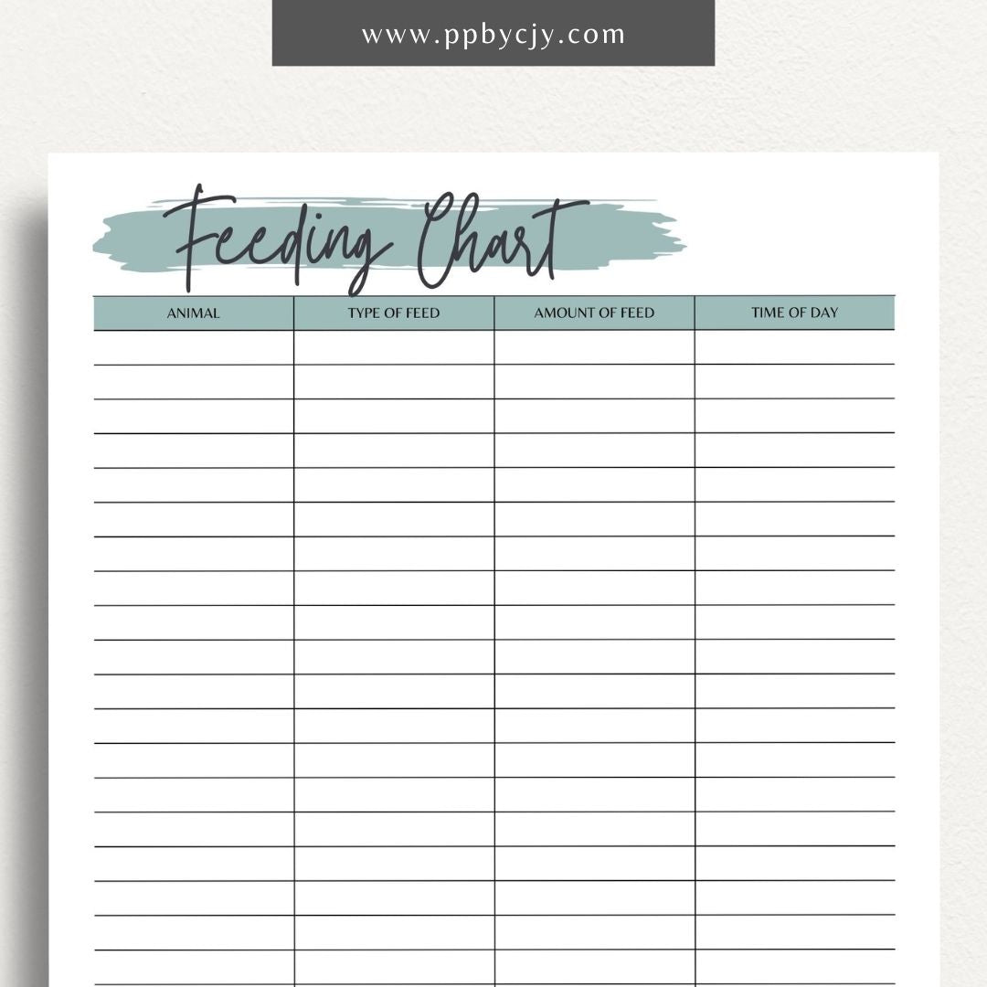 Farm Animal Feeding Chore Chart Printable Template – Digital download for managing and tracking daily feeding tasks for farm animals.