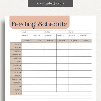 Pet Feeding Schedule Printable Template – Digital download for organizing and tracking your pet's feeding times, amounts, and dietary needs.