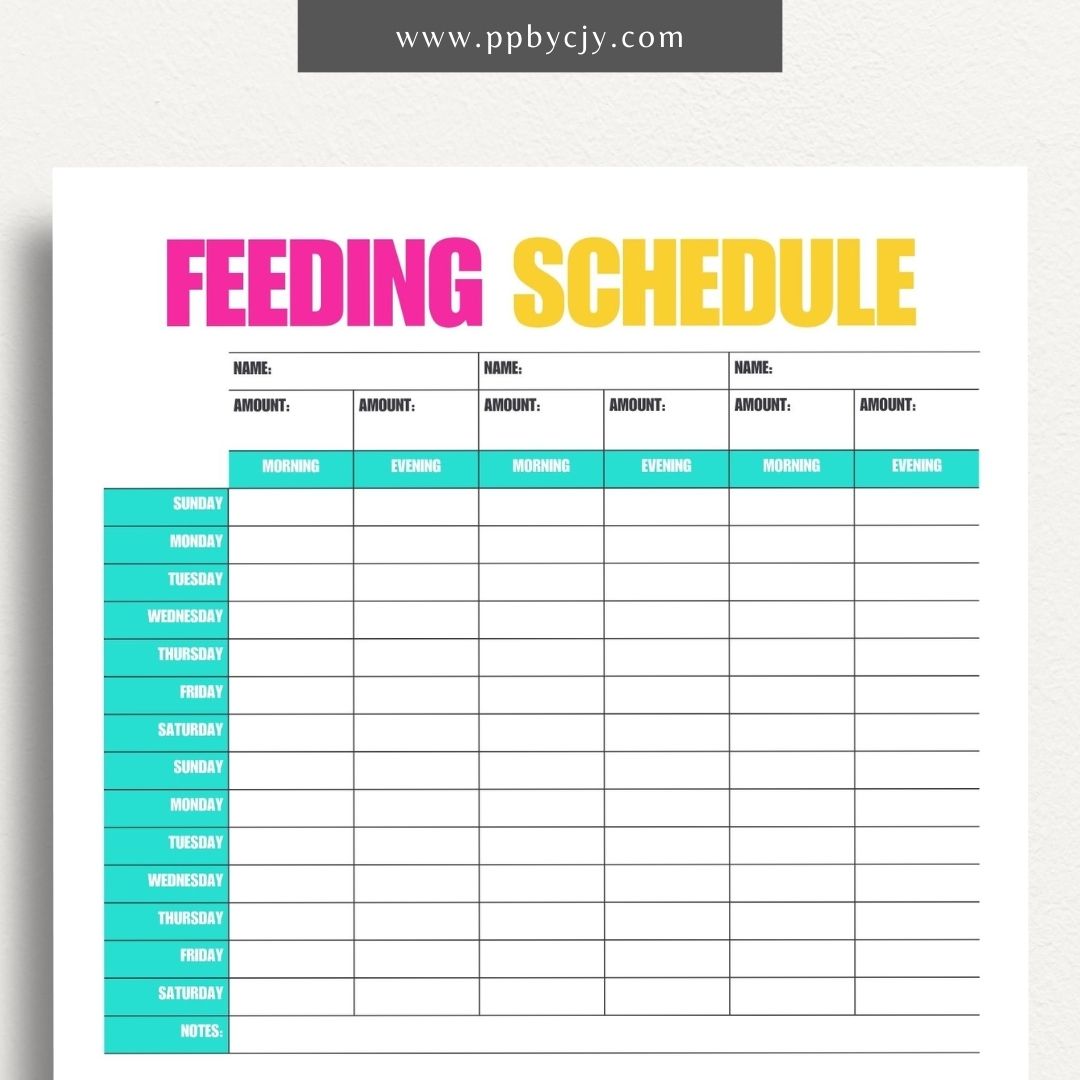 Pet Feeding Schedule Printable Template – Digital download for organizing and tracking your pet's feeding times, amounts, and dietary needs.