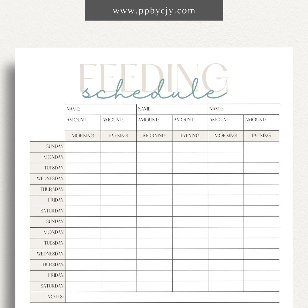 Pet Feeding Schedule Printable Template – Digital download for organizing and tracking your pet's feeding times, amounts, and dietary needs.