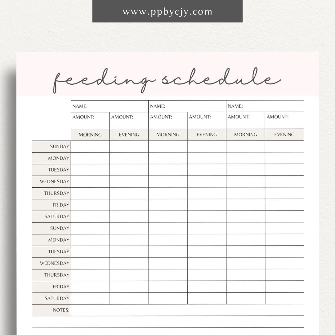 Pet Feeding Schedule Printable Template – Digital download for organizing and tracking your pet's feeding times, amounts, and dietary needs.