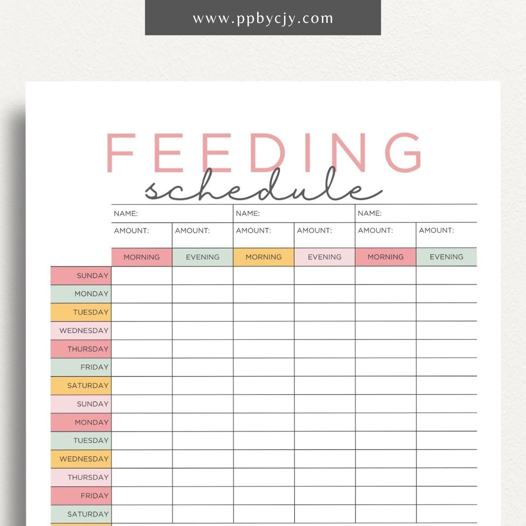 Pet Feeding Schedule Printable Template – Digital download for organizing and tracking your pet's feeding times, amounts, and dietary needs.