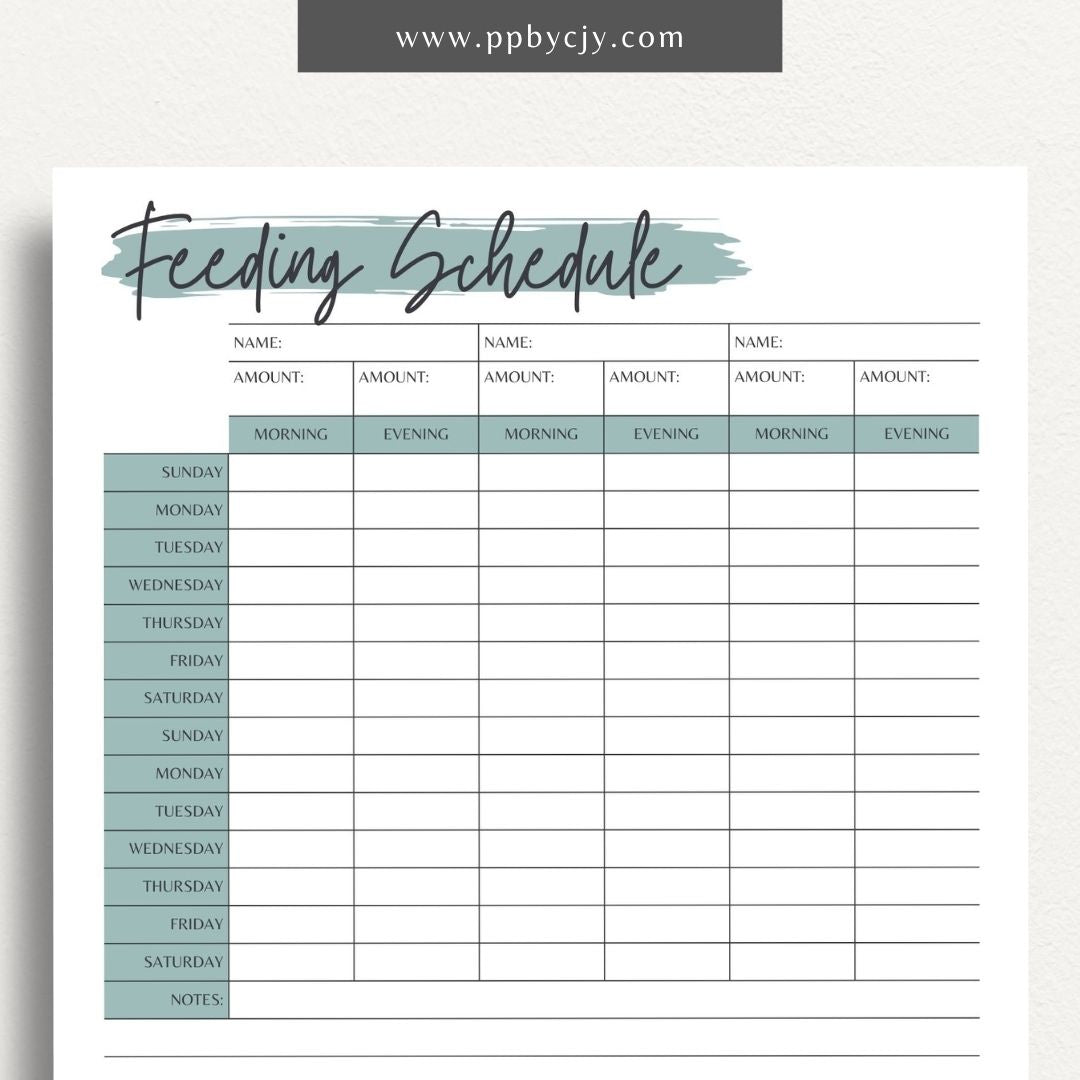 Pet Feeding Schedule Printable Template – Digital download for organizing and tracking your pet's feeding times, amounts, and dietary needs.