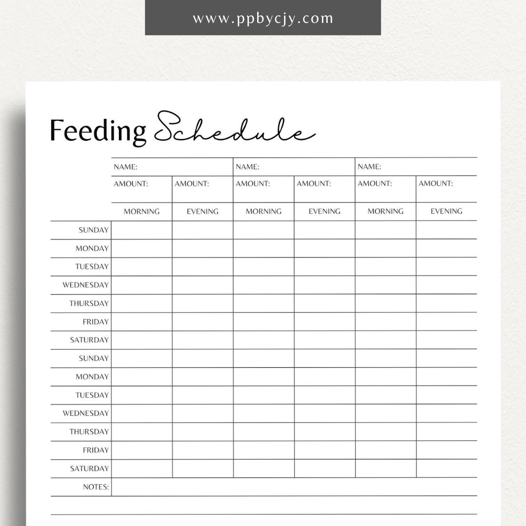 Pet Feeding Schedule Printable Template – Digital download for organizing and tracking your pet's feeding times, amounts, and dietary needs.