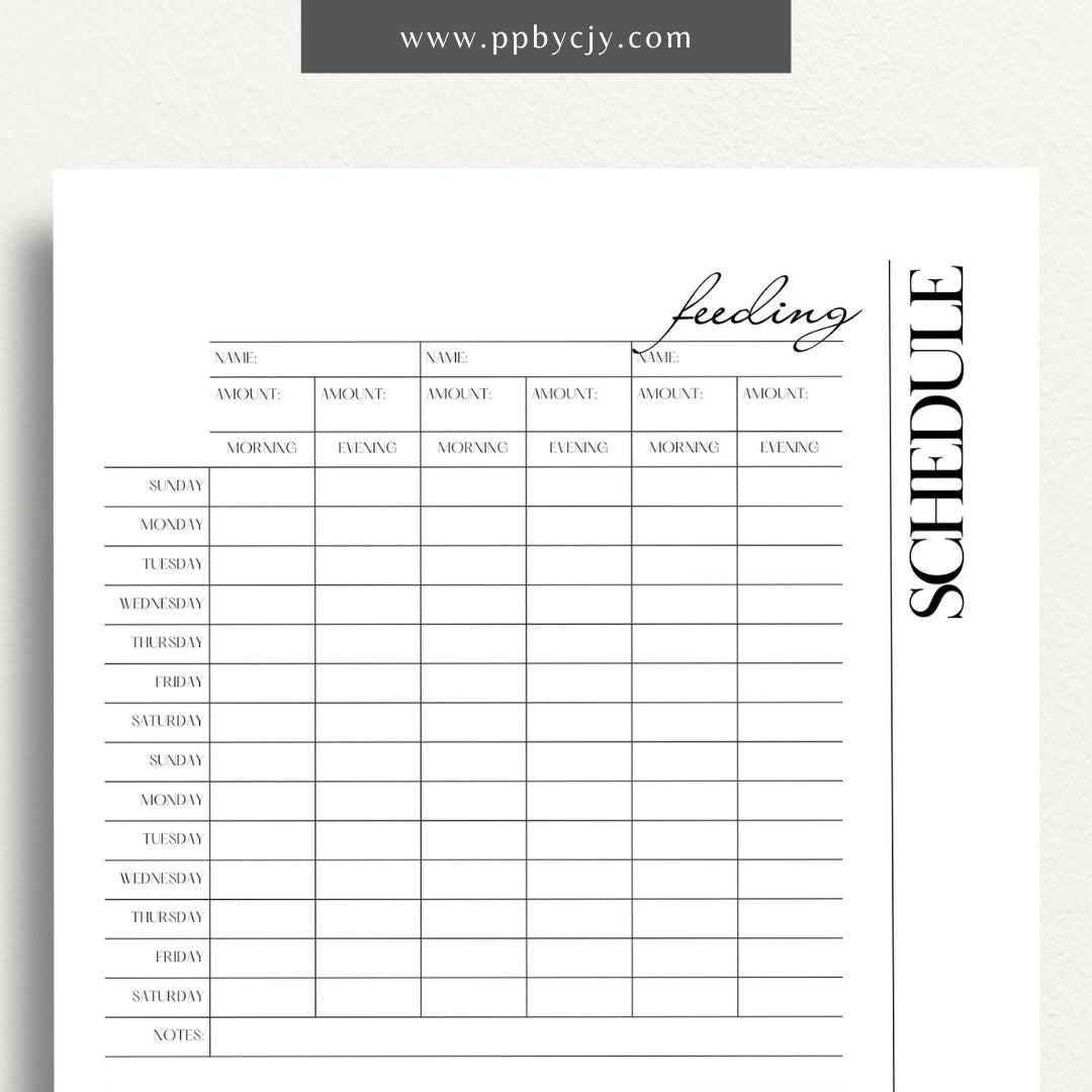 Pet Feeding Schedule Printable Template – Digital download for organizing and tracking your pet's feeding times, amounts, and dietary needs.