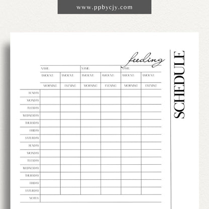 Pet Feeding Schedule Printable Template – Digital download for organizing and tracking your pet's feeding times, amounts, and dietary needs.