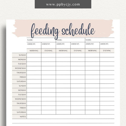 Pet Feeding Schedule Printable Template – Digital download for organizing and tracking your pet's feeding times, amounts, and dietary needs.