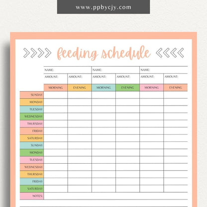 Pet Feeding Schedule Printable Template – Digital download for organizing and tracking your pet's feeding times, amounts, and dietary needs.