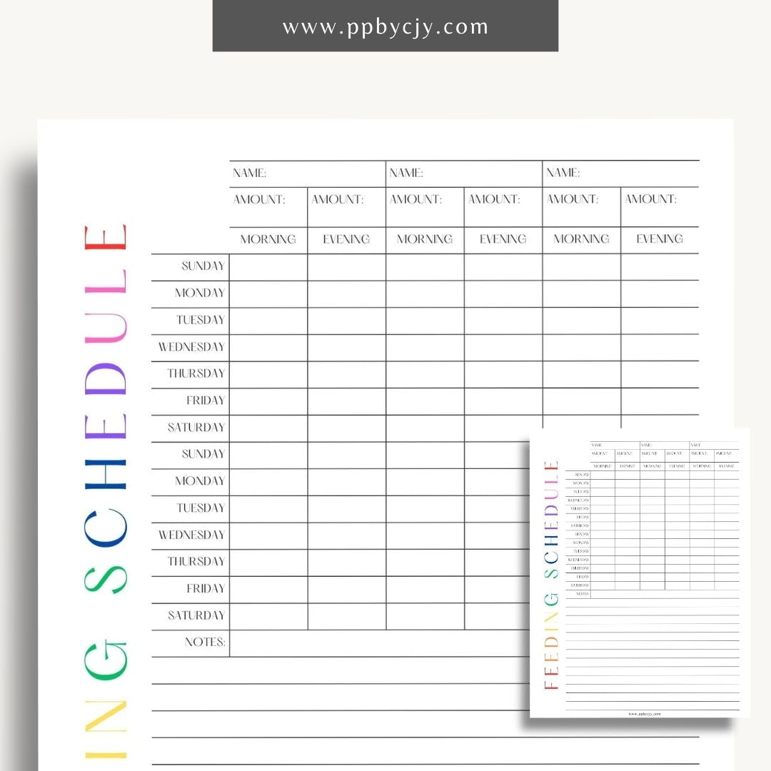 Pet Feeding Schedule Printable Template – Digital download for organizing and tracking your pet's feeding times, amounts, and dietary needs.