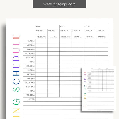 Pet Feeding Schedule Printable Template – Digital download for organizing and tracking your pet's feeding times, amounts, and dietary needs.