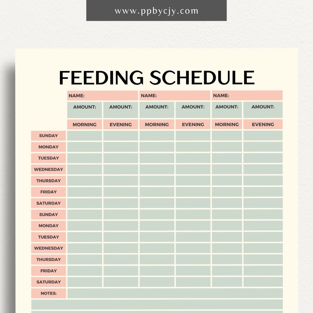 Pet Feeding Schedule Printable Template – Digital download for organizing and tracking your pet's feeding times, amounts, and dietary needs.