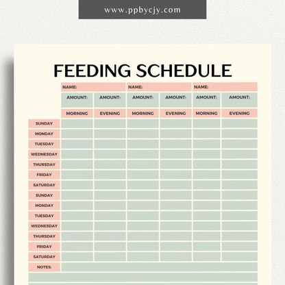 Pet Feeding Schedule Printable Template – Digital download for organizing and tracking your pet's feeding times, amounts, and dietary needs.