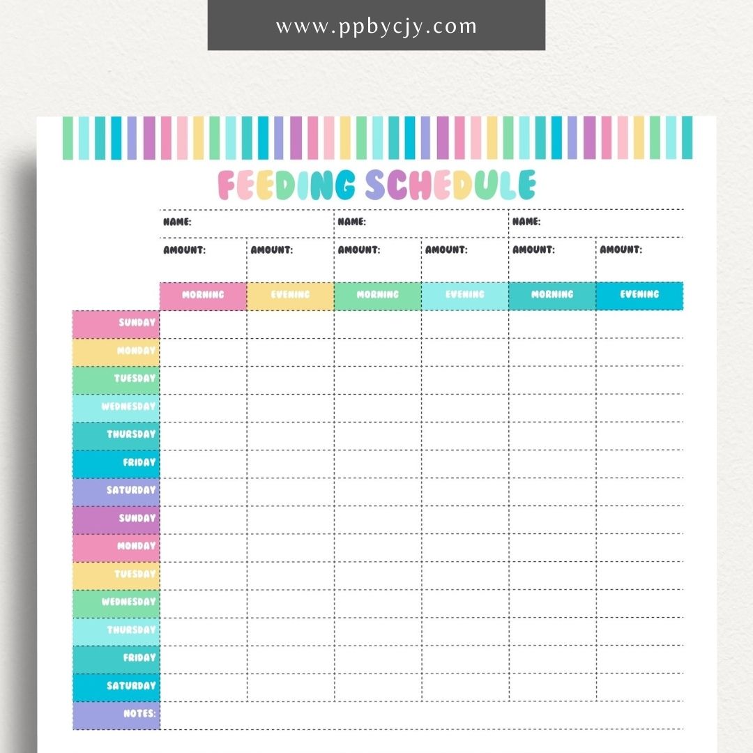 Pet Feeding Schedule Printable Template – Digital download for organizing and tracking your pet's feeding times, amounts, and dietary needs.