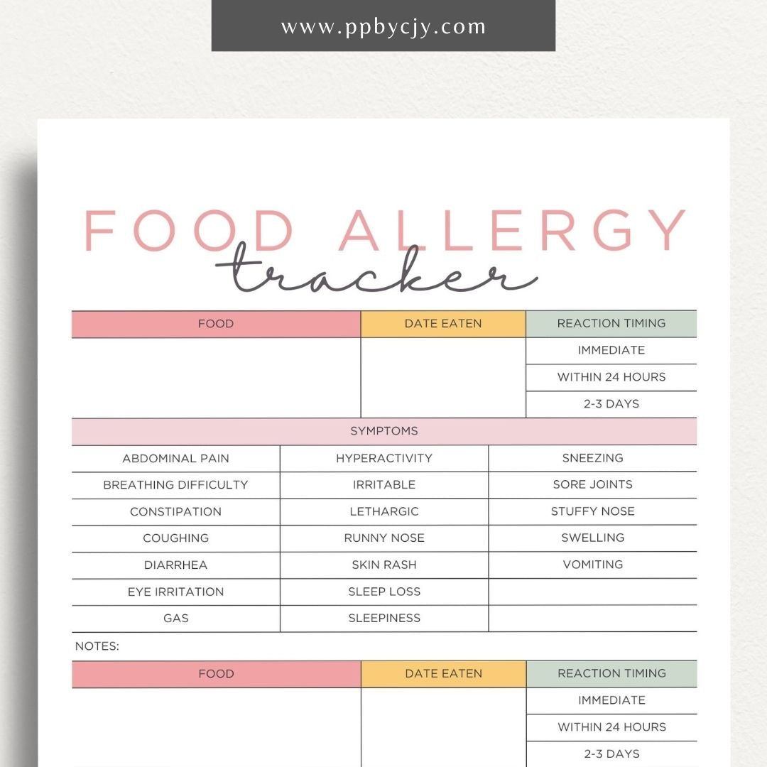 printable template page with columns and rows related to food allergy tracking