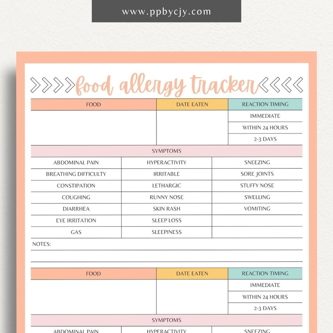 printable template page with columns and rows related to food allergy tracking