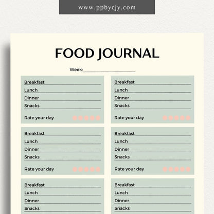 printable template page with columns and rows related to food journaling