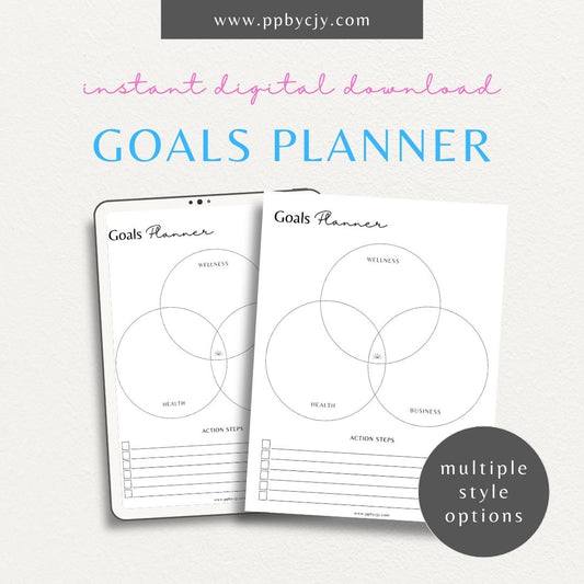 Balanced Life Goal Planner Printable Template – Digital Download for Setting and Tracking Personal Goals with sections for planning, reflections, and progress notes.