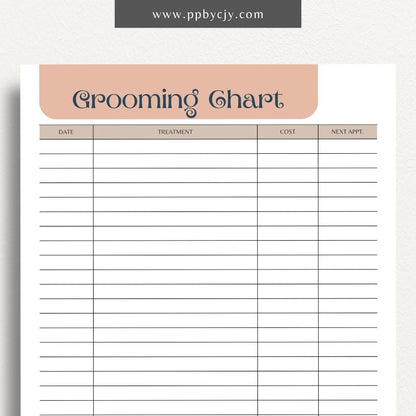 Pet Grooming Log Printable Template – Digital download for tracking and managing pet grooming activities, including dates, services, and any notes on your pet’s coat and health.