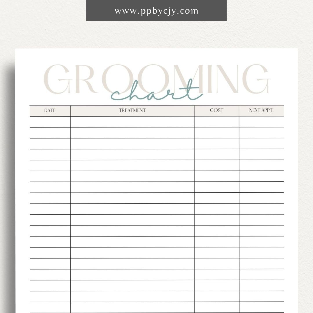 Pet Grooming Log Printable Template – Digital download for tracking and managing pet grooming activities, including dates, services, and any notes on your pet’s coat and health.