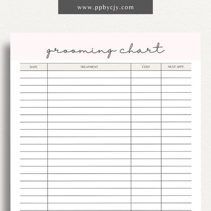 Pet Grooming Log Printable Template – Digital download for tracking and managing pet grooming activities, including dates, services, and any notes on your pet’s coat and health.