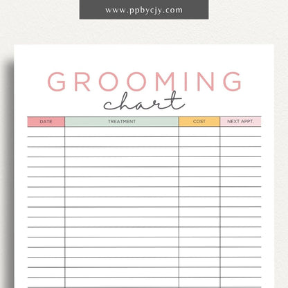 Pet Grooming Log Printable Template – Digital download for tracking and managing pet grooming activities, including dates, services, and any notes on your pet’s coat and health.