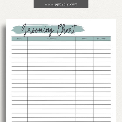 Pet Grooming Log Printable Template – Digital download for tracking and managing pet grooming activities, including dates, services, and any notes on your pet’s coat and health.