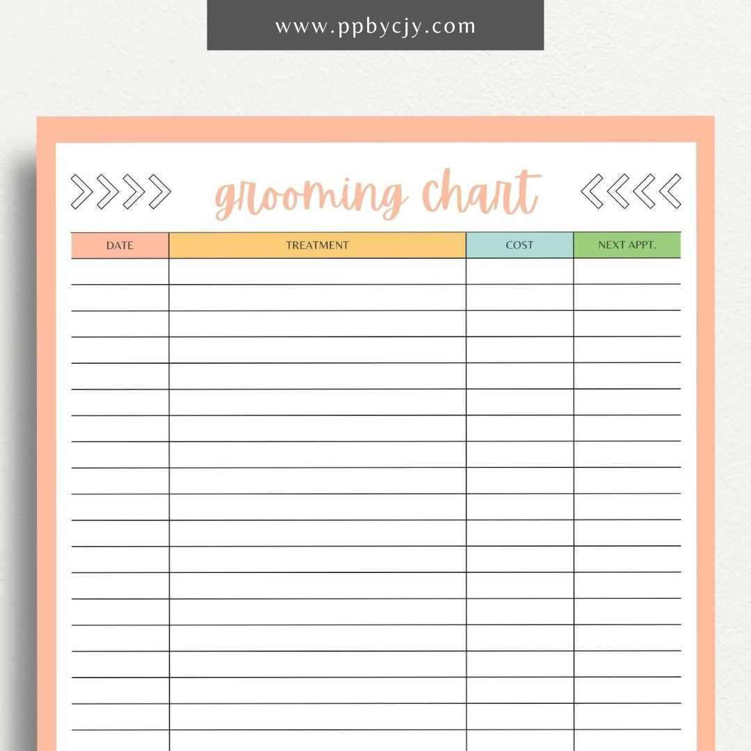 Pet Grooming Log Printable Template – Digital download for tracking and managing pet grooming activities, including dates, services, and any notes on your pet’s coat and health.