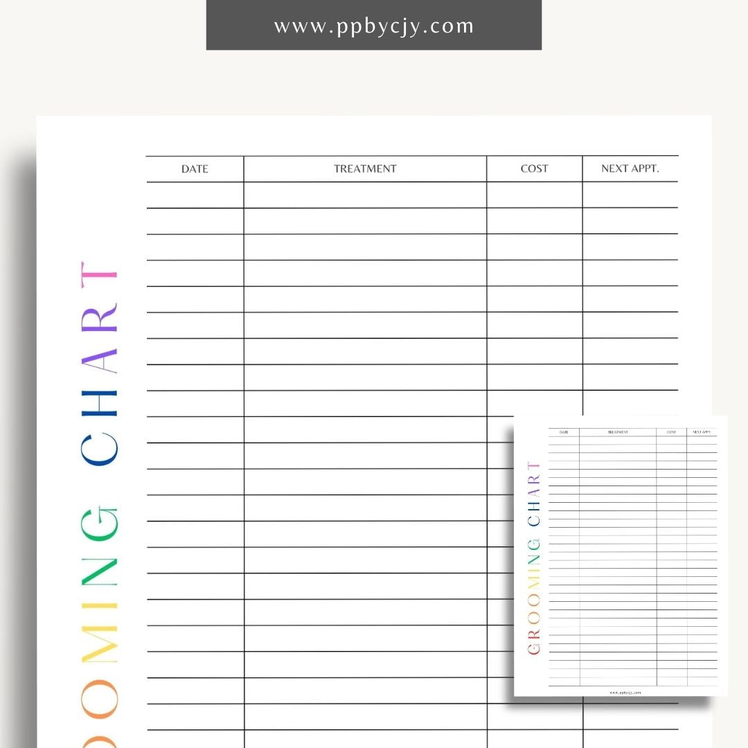 Pet Grooming Log Printable Template – Digital download for tracking and managing pet grooming activities, including dates, services, and any notes on your pet’s coat and health.