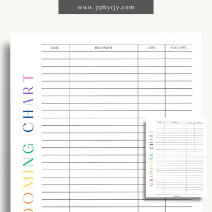 Pet Grooming Log Printable Template – Digital download for tracking and managing pet grooming activities, including dates, services, and any notes on your pet’s coat and health.