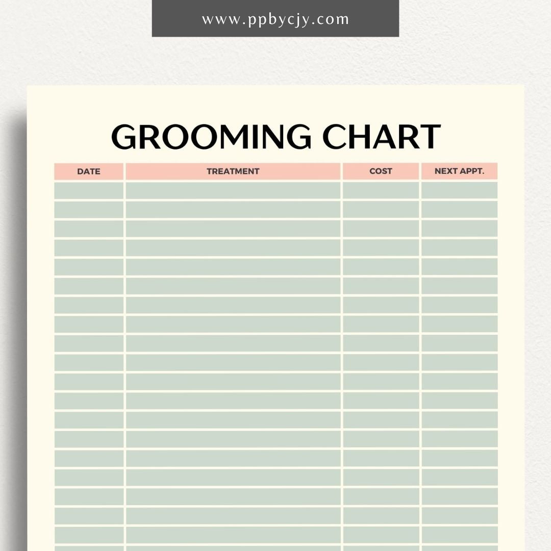 Pet Grooming Log Printable Template – Digital download for tracking and managing pet grooming activities, including dates, services, and any notes on your pet’s coat and health.