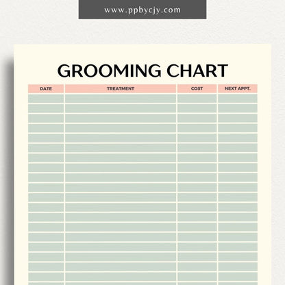 Pet Grooming Log Printable Template – Digital download for tracking and managing pet grooming activities, including dates, services, and any notes on your pet’s coat and health.