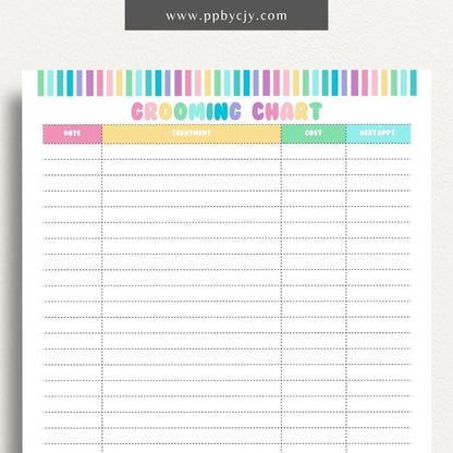 Pet Grooming Log Printable Template – Digital download for tracking and managing pet grooming activities, including dates, services, and any notes on your pet’s coat and health.