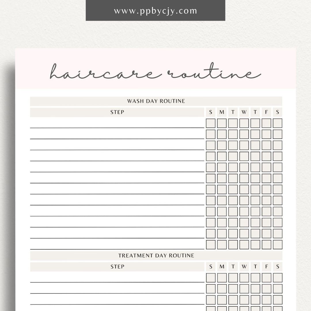 printable template page with columns and rows related to hair care routines