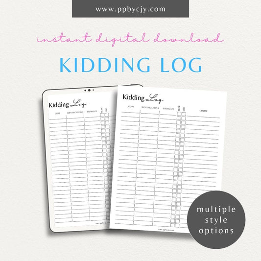 Goat Breeding Kidding Log Printable Template – Digital download for recording and tracking goat breeding and kidding information.