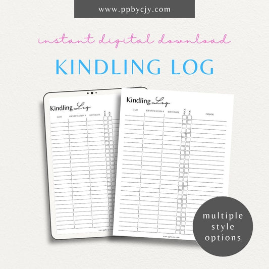 Rabbit Breeding Kindling Log Printable Template – Digital download for tracking and documenting rabbit breeding, kindling dates, and offspring details