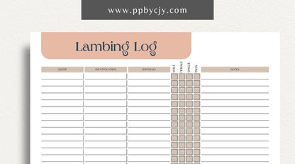 Sheep Breeding Lambing Log Printable Template – Digital download for tracking and documenting sheep breeding and lambing details, including dates, births, and health information