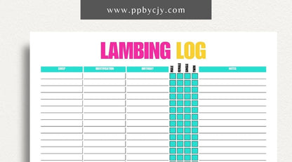 Sheep Breeding Lambing Log Printable Template – Digital download for tracking and documenting sheep breeding and lambing details, including dates, births, and health information