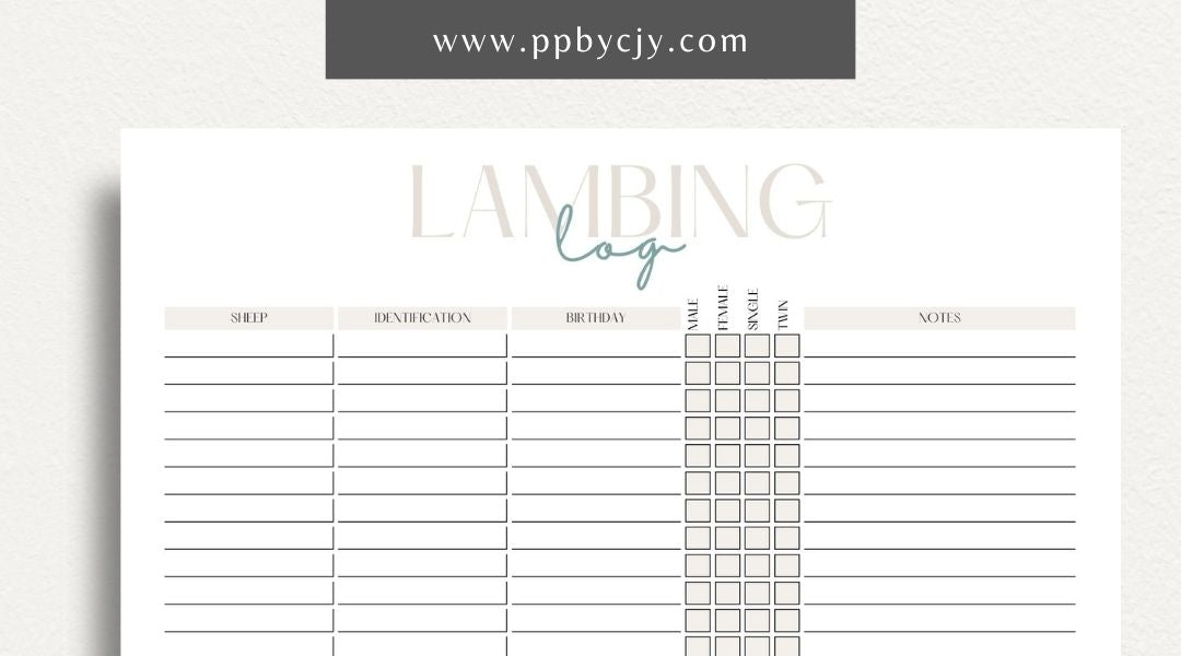 Sheep Breeding Lambing Log Printable Template – Digital download for tracking and documenting sheep breeding and lambing details, including dates, births, and health information