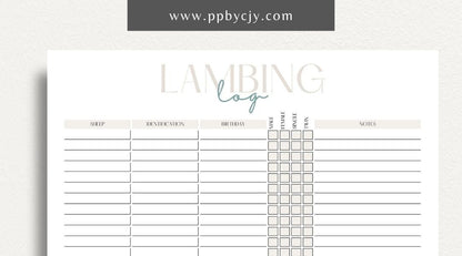 Sheep Breeding Lambing Log Printable Template – Digital download for tracking and documenting sheep breeding and lambing details, including dates, births, and health information