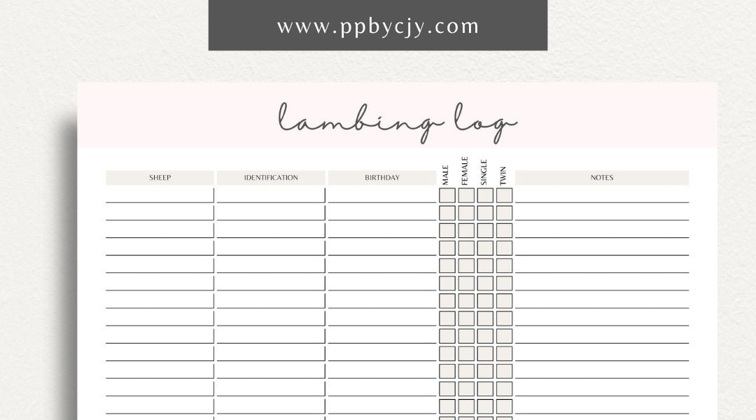 Sheep Breeding Lambing Log Printable Template – Digital download for tracking and documenting sheep breeding and lambing details, including dates, births, and health information