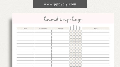 Sheep Breeding Lambing Log Printable Template – Digital download for tracking and documenting sheep breeding and lambing details, including dates, births, and health information